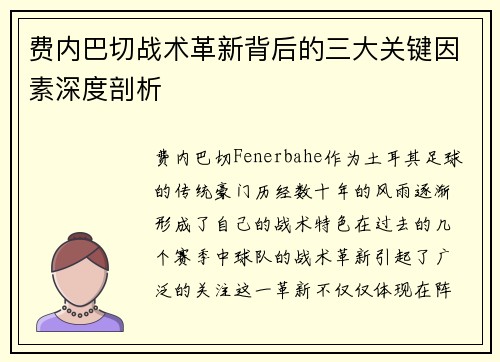 费内巴切战术革新背后的三大关键因素深度剖析