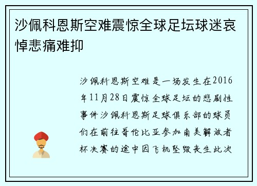沙佩科恩斯空难震惊全球足坛球迷哀悼悲痛难抑